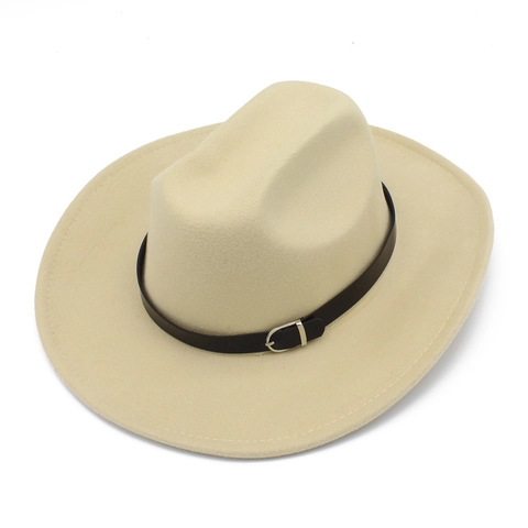 Vintage Cotton Polyester Woolen Felt Fedora Hat Wide Brim Western Cowboy Church Hat With Buckle Belt For Men Women