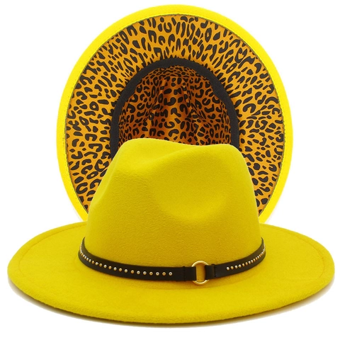 Unisex Wide Brim Fedora Hat Two Tone Leopard Print Lining Studded Belt Buckle Woolen Felt Jazz Sun Hat For Travel Daily Wear