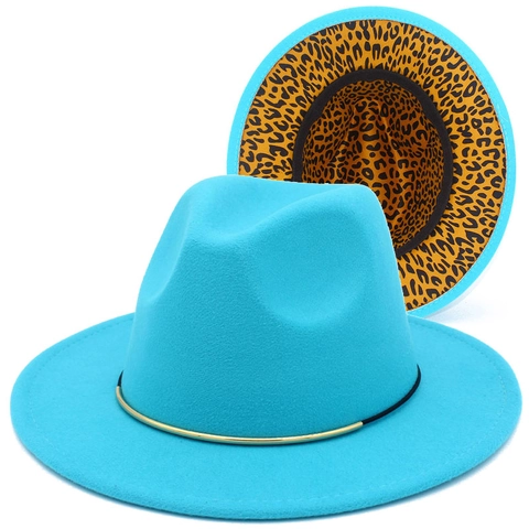 Mode Zweifarbiger Fedora Hut Für Damen Herren Leopardenmuster Futter Metallring Wollener Jazz Hut Breiter Krempe Warmer Panama Hut