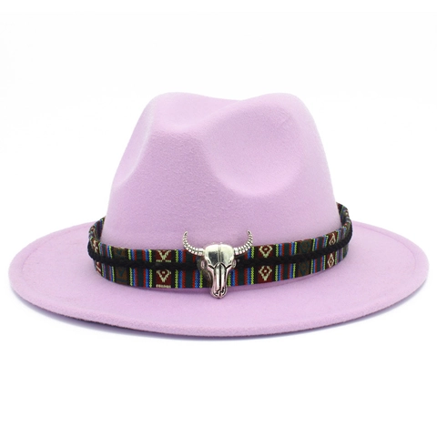 Western Cowboy Fedora Hut Für Herren Damen Ethno Stil Webband Stierschädel Dekor Breite Krempe Wollener Jazz Panama Hut