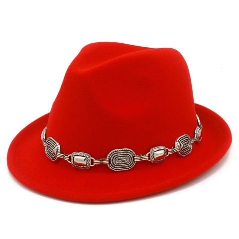 Vintage Woolen Feel Fedora Hat Wide Brim Jazz Cap With Metal Chain Decoration For Women Men Casual Outdoor Winter Warm Hat