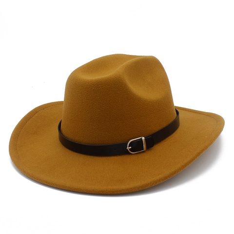 Vintage Cotton Polyester Woolen Felt Fedora Hat Wide Brim Western Cowboy Church Hat With Buckle Belt For Men Women