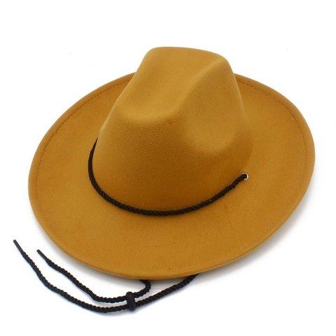 Unisex Wide Brim Western Cowboy Hat Fedora With Adjustable Windproof Drawstring Cotton Blend Outdoor Sun Shade Jazz Cap