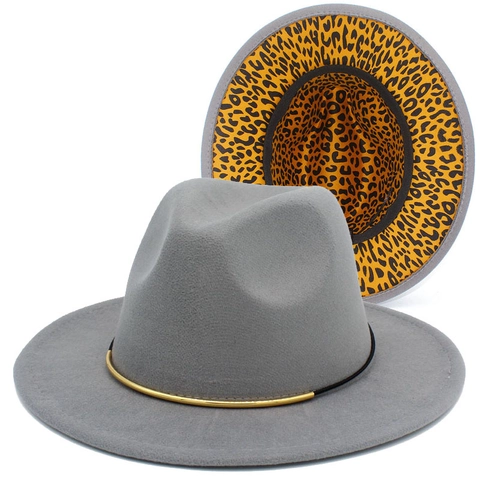 Mode Zweifarbiger Fedora Hut Für Damen Herren Leopardenmuster Futter Metallring Wollener Jazz Hut Breiter Krempe Warmer Panama Hut