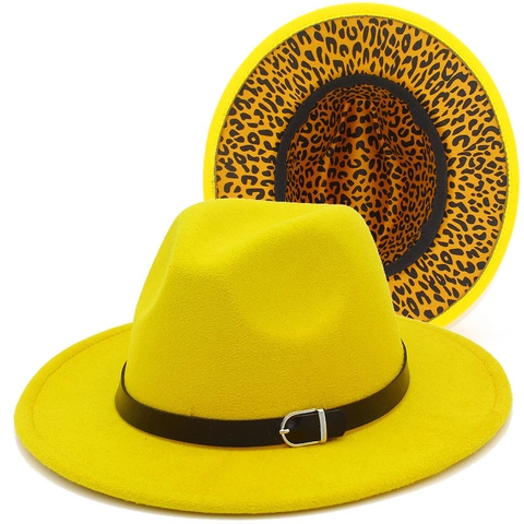 Vintage Britse Stijl Fedora Hoed Brede Rand Wollen Vilt Jazz Hoed Riem Gesp Luipaardprint Voering Herfst Winter Cap