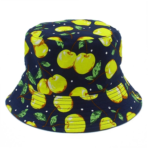 Women Cute Cotton Fruit Print Double Sided Reversible Bucket Hat Strawberry Apple Sun Protection Fisherman Hat For Travel