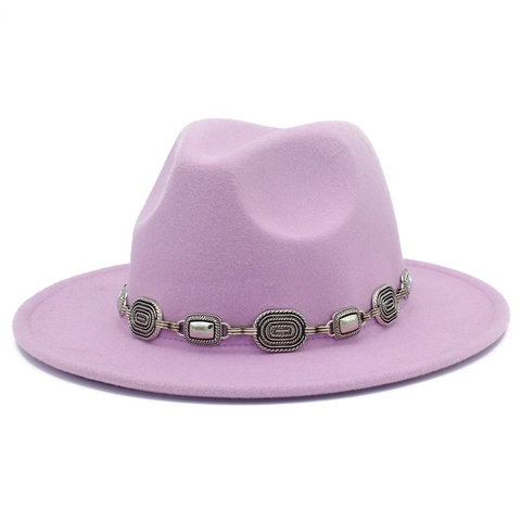 Western Cowboy Fedora Hat For Men Women Wide Brim Cotton Blend Woolen Felt Jazz Hat With Vintage Metal Chain Ethnic Style Hat
