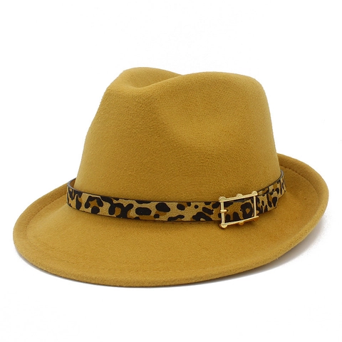 Vintage Unisex Wool Felt Fedora Hat With Leopard Print Belt Metal Buckle Fashion Solid Color Warm Winter Jazz Hat