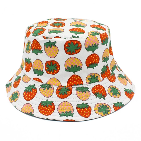 Women Cute Cotton Fruit Print Double Sided Reversible Bucket Hat Strawberry Apple Sun Protection Fisherman Hat For Travel