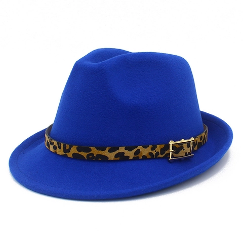 Vintage Unisex Wool Felt Fedora Hat With Leopard Print Belt Metal Buckle Fashion Solid Color Warm Winter Jazz Hat