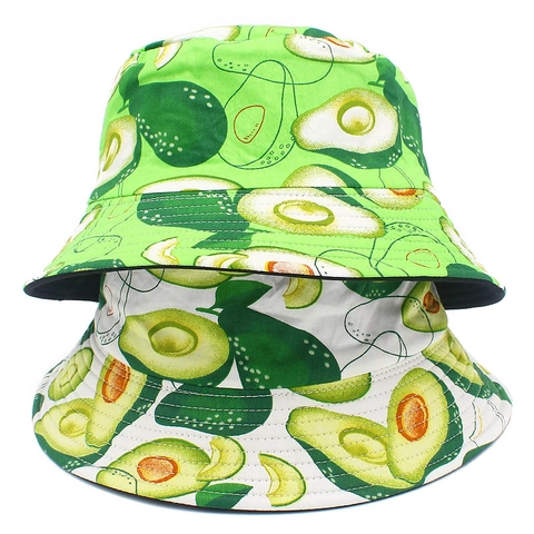 Cappello da Pescatore in Cotone con Stampa Avocado Cartoon Protezione Solare Traspirante per Esterni Spiaggia Donna Uomo Verde Bianco