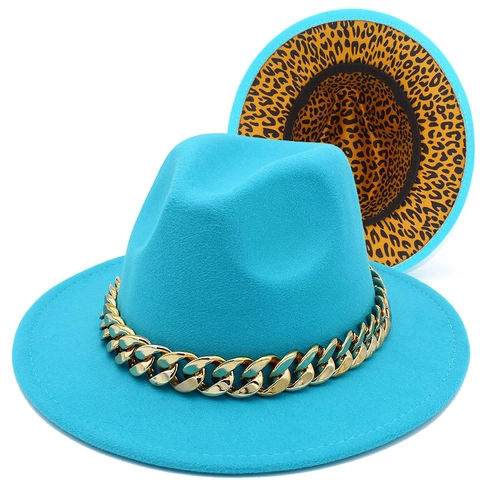 Chapeau Fedora Vintage Style Britannique en Feutre de Laine Avec Chaîne Acrylique Dorée Doublure Léopard Chapeau Jazz Femme