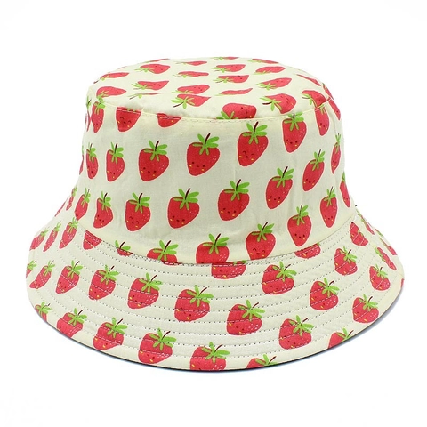 Sombrero de Pescador Reversible de Algodón para Mujer Estampado Frutas Fresa Piña Pera Protector Solar Viaje