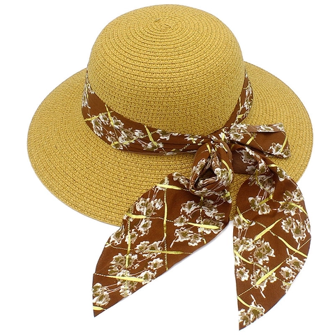 Women Wide Brim Straw Sun Hat With Floral Ribbon Bow Elegant Packable Paper Straw Beach Hat For Summer Holiday Travel