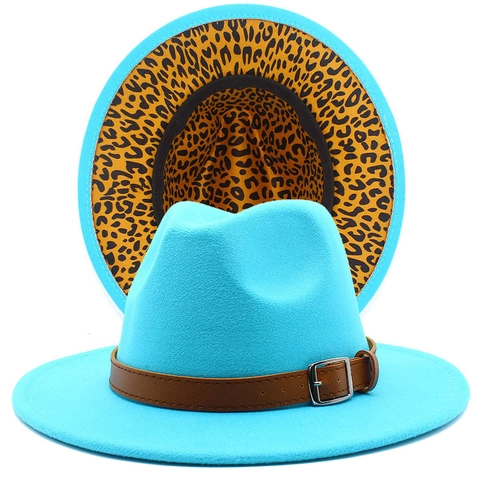 Leopard Print Lining Wide Brim Fedora Hat For Women Men Cotton Blend Jazz Hat With Belt Buckle British Vintage Style Cap