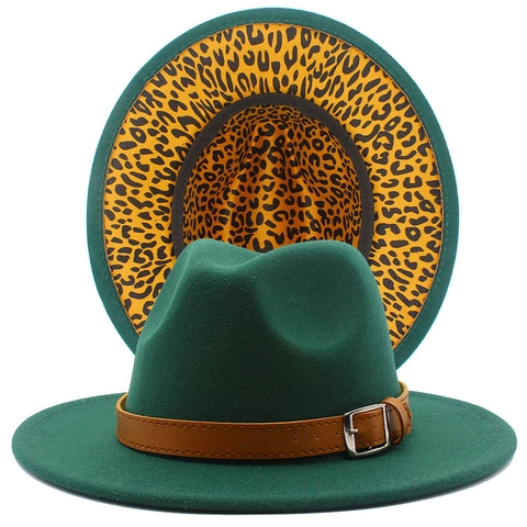 Leopard Print Lining Wide Brim Fedora Hat For Women Men Cotton Blend Jazz Hat With Belt Buckle British Vintage Style Cap