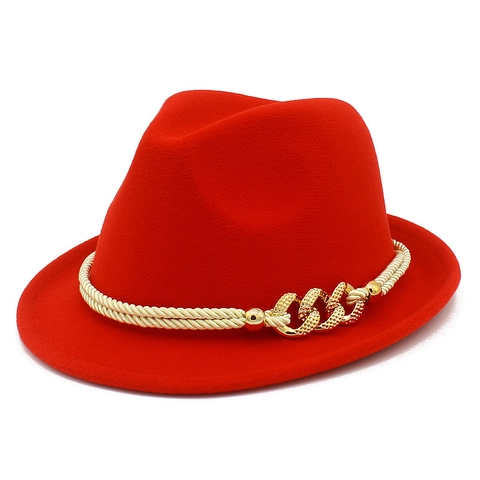 Vintage Wool Felt Fedora Hat For Men Women Wide Brim Jazz Hat With Braided Rope Gold Chain Panama Cap Autumn Winter Fashion