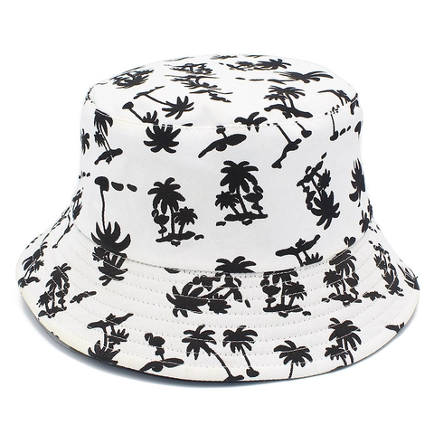 Cappello da Pescatore Reversibile in Cotone con Stampa Palma Bianco Nero Minimalista Protezione Solare da Spiaggia per Uomo Donna