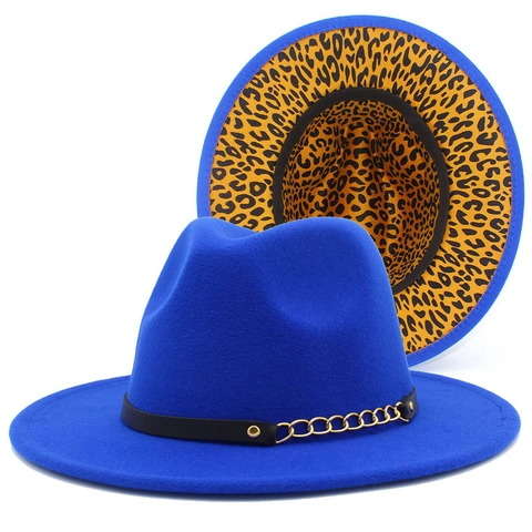 Chapeau Fedora Style Britannique Avec Doublure Léopard Bande en Cuir et Chaîne Dorée Chapeau de Jazz à Bord Large en Feutre de Laine