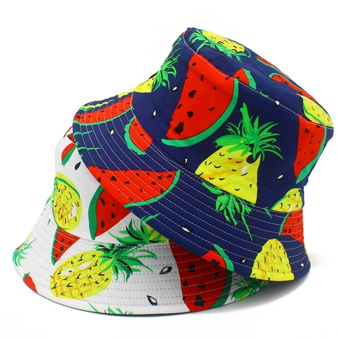 Women Men Cotton Fruit Print Bucket Hat Watermelon Pineapple Reversible Summer Breathable Travel Beach Sun Hat