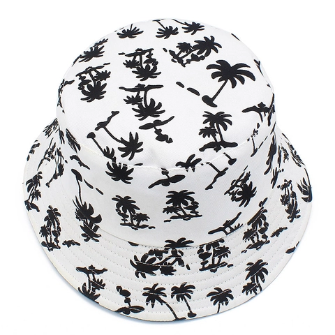 Cappello da Pescatore Reversibile in Cotone con Stampa Palma Bianco Nero Minimalista Protezione Solare da Spiaggia per Uomo Donna