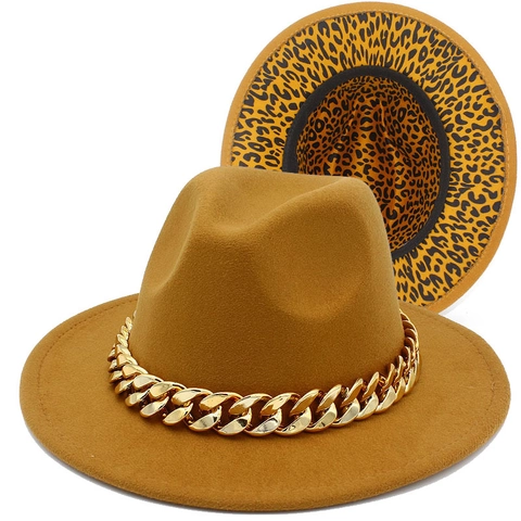 Chapeau Fedora Vintage Style Britannique en Feutre de Laine Avec Chaîne Acrylique Dorée Doublure Léopard Chapeau Jazz Femme