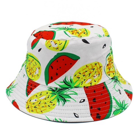 Women Men Cotton Fruit Print Bucket Hat Watermelon Pineapple Reversible Summer Breathable Travel Beach Sun Hat