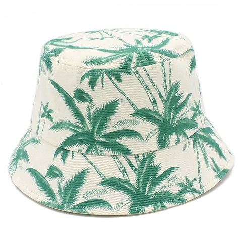 Unisex Cotton Coconut Tree Print Bucket Hat Summer Beach Sun Protection Fisherman Hat Outdoor Travel Fashion Sun Cap