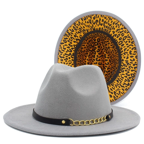Chapeau Fedora Style Britannique Avec Doublure Léopard Bande en Cuir et Chaîne Dorée Chapeau de Jazz à Bord Large en Feutre de Laine