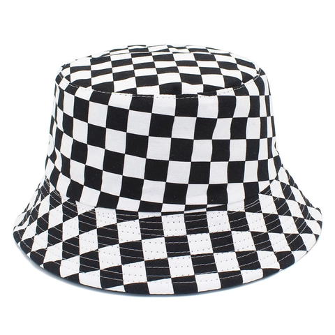 Unisex Katoenen Schaakbord Vissershoed Zwart Wit Plaid Zonbescherming Opvouwbare Strand Zonnehoed