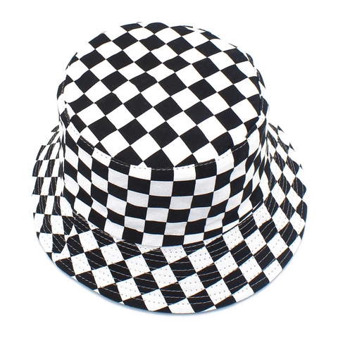 Unisex Katoenen Schaakbord Vissershoed Zwart Wit Plaid Zonbescherming Opvouwbare Strand Zonnehoed