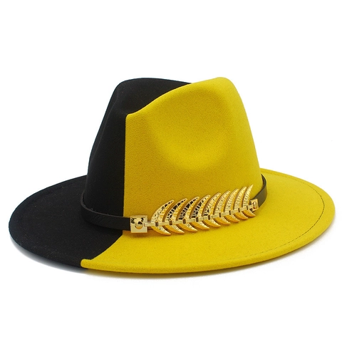 Bicolor Patchwork Fedora Hut Wollfilz Breite Krempe Jazz Hut Mit Goldblatt Metalldekor Retro Britische Party Kappe Für Damen Herren