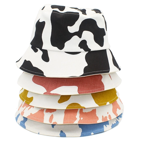 Unisex Cotton Cow Print Bucket Hat For Women Men Hip Hop Graffiti Sunshade Outdoor Fisherman Hat Wide Brim Summer Sun Hat