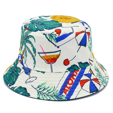 Women's Reversible Bucket Hat Tropical Print Cotton Sun Hat With Palm Leaf And Aloha Pattern For Summer Vacation Beach