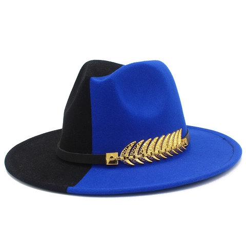 Bicolor Patchwork Fedora Hut Wollfilz Breite Krempe Jazz Hut Mit Goldblatt Metalldekor Retro Britische Party Kappe Für Damen Herren