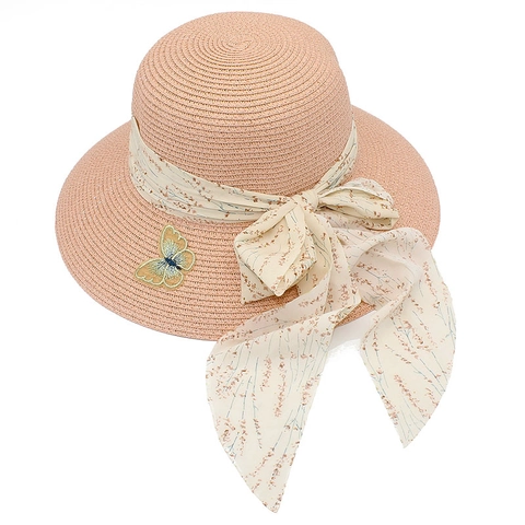 Women Sun Hat Paper Straw Wide Brim Beach Hat Floral Ribbon Bow Butterfly Embroidery Breathable Vacation Summer Cap