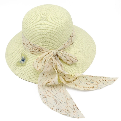 Women Sun Hat Paper Straw Wide Brim Beach Hat Floral Ribbon Bow Butterfly Embroidery Breathable Vacation Summer Cap
