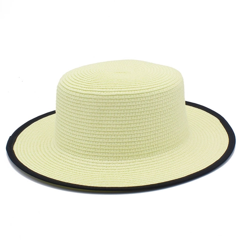 Cappello di Paglia da Donna Boater Protezione Solare Top Piatto Cappello da Spiaggia Con Bordo Nero Traspirante Vacanze Estive