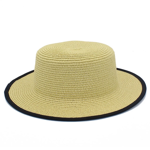 Cappello di Paglia da Donna Boater Protezione Solare Top Piatto Cappello da Spiaggia Con Bordo Nero Traspirante Vacanze Estive