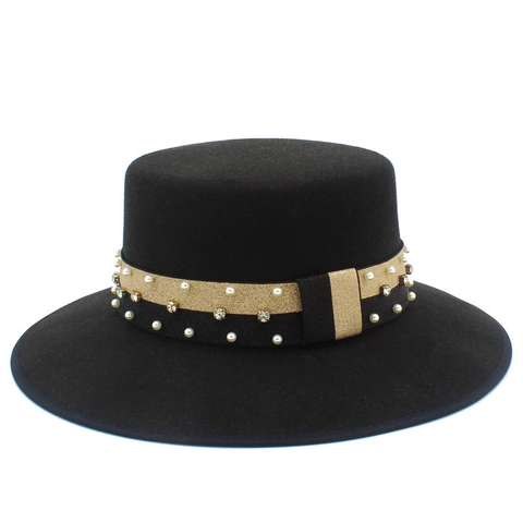 Vintage Flat Top Woolen Felt Boater Hat For Men Women Wide Brim Fedora With Artificial Pearl Rhinestone Ribbon Elegant Jazz Hat