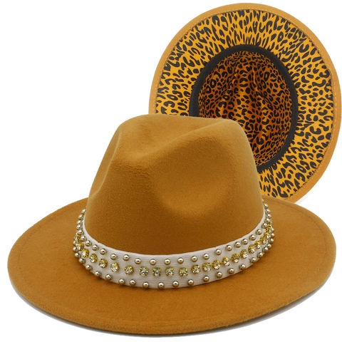 Damen Vintage Fedora Hut Leopardenfutter Nieten Strass Netzband Breite Krempe Wollfilz Jazz Hut Bankett Party