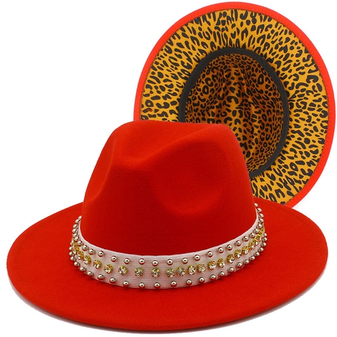 Damen Vintage Fedora Hut Leopardenfutter Nieten Strass Netzband Breite Krempe Wollfilz Jazz Hut Bankett Party