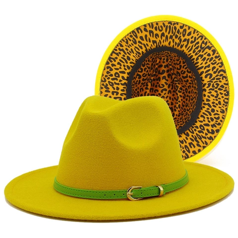 Damen Leopardenmuster Krempe Fedora Hut Baumwolle Polyester Filz Jazz Hut Grüner Gürtel Britische Mode Party Hut