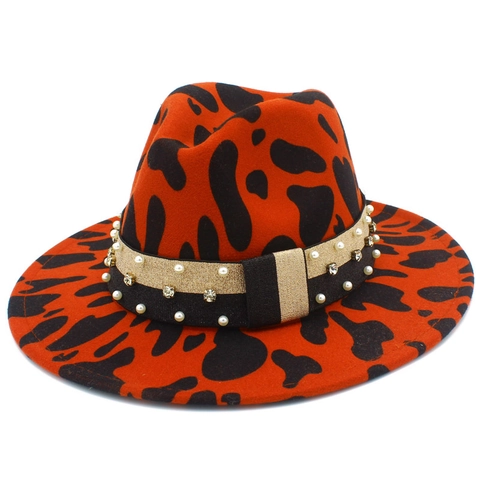 Wide Brim Cow Print Fedora Hat With Artificial Pearl Rhinestone Band British Style Woolen Felt Jazz Hat Outdoor Travel Fashion Cap