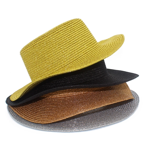 Women Summer Straw Sun Hat Metallic Shiny Flat Top Wide Brim Beach Fedora Hat Elegant Vacation Straw Boater Hat Shading Cap