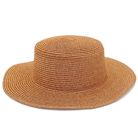 Women Summer Straw Sun Hat Metallic Shiny Flat Top Wide Brim Beach Fedora Hat Elegant Vacation Straw Boater Hat Shading Cap