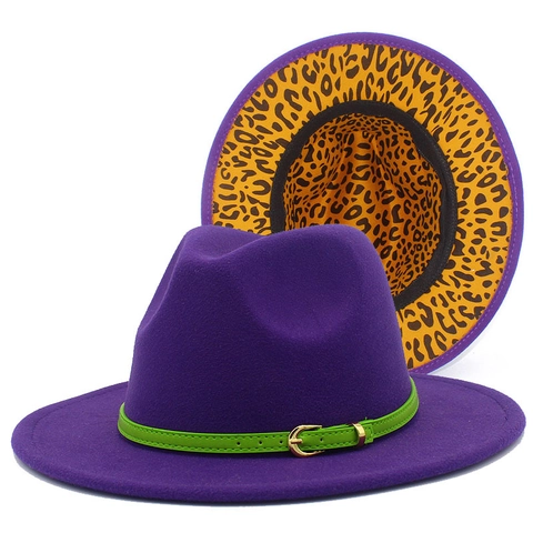 Damen Leopardenmuster Krempe Fedora Hut Baumwolle Polyester Filz Jazz Hut Grüner Gürtel Britische Mode Party Hut