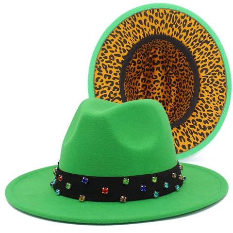 Leopard Print Lined Fedora Hat With Rhinestone Band Ethnic Style Wide Brim Wool Felt Jazz Hat For Women Men Party Church