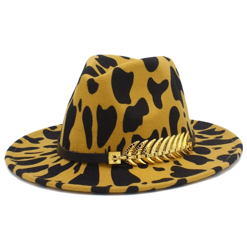 Vintage Kuhmuster Fedora Hut Für Herren Damen Breite Krempe Wollen Jazz Hut Mit Metallblatt Dekoration Winterhut