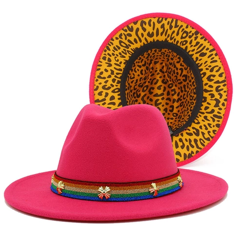 Chapeau Fedora Femme Imprimé Léopard Ruban Arc-en-ciel Décoration en Métal Style Ethnique Chapeau de Jazz pour Fête Voyage Décoratif